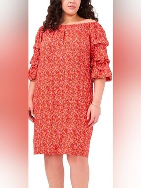 Vince Camuto Red Orange Floral Bubble Sleeve Dress 2X (7280)